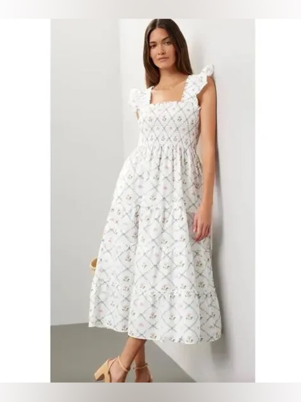 Hill House Home Ellie Nap Dress Butterfly Trellis Cotton Poplin white floral 1S - Picture 3 of 6